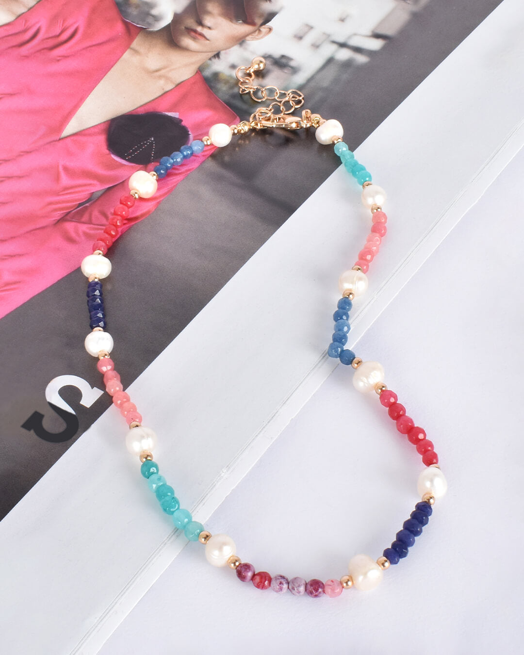 Multi Stone Pearl Mix Short Necklace