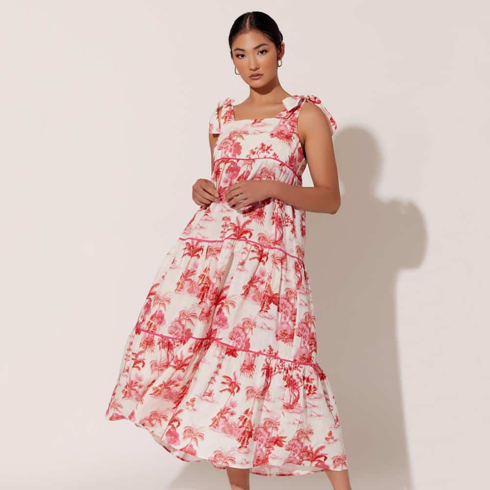 White and Pink Linen Maxi Dress