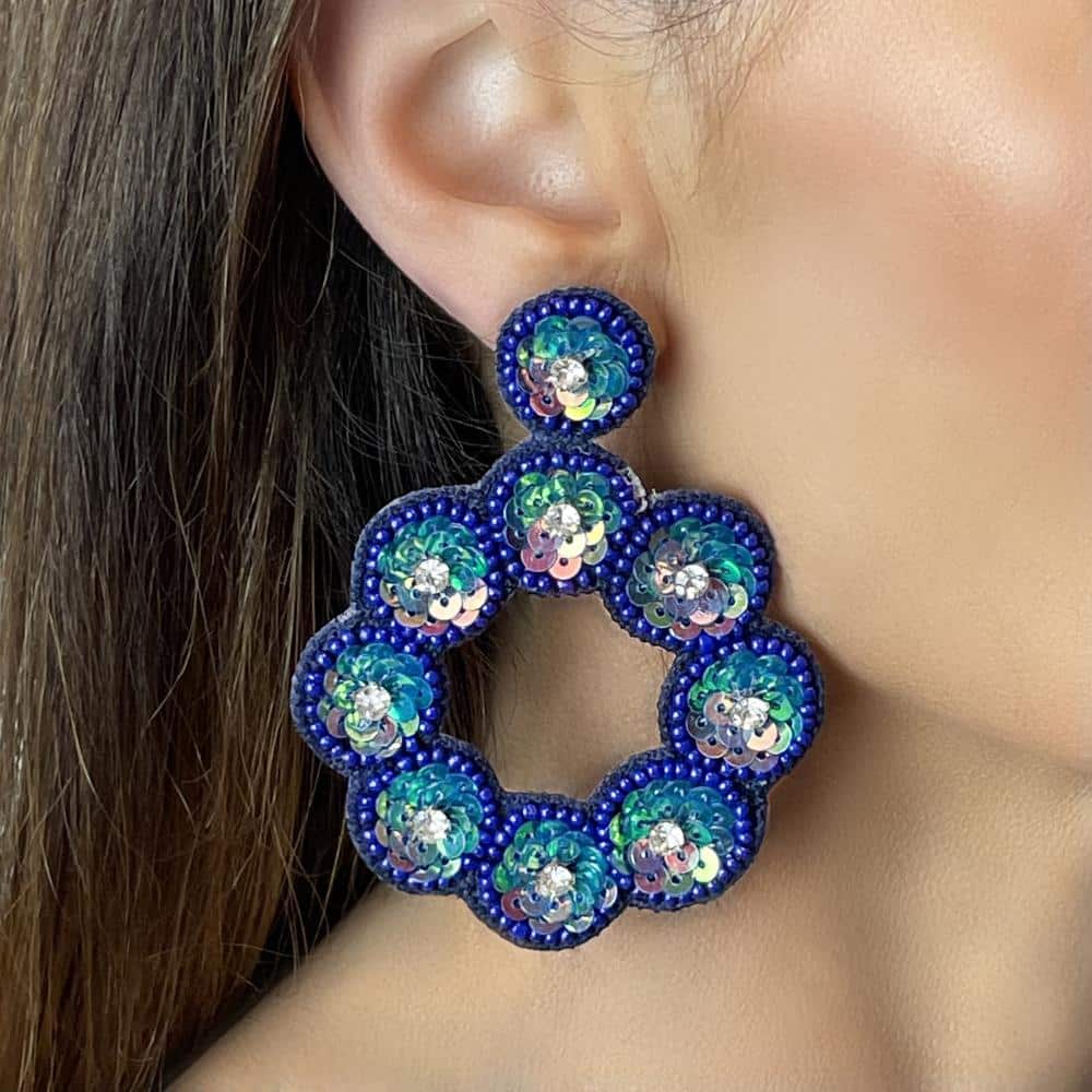 Large Bead and Sequin Blue Statement Earrings
