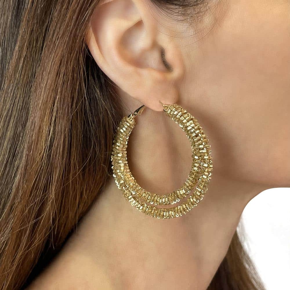 Dual Layer Gold Bead Hoop Earrings