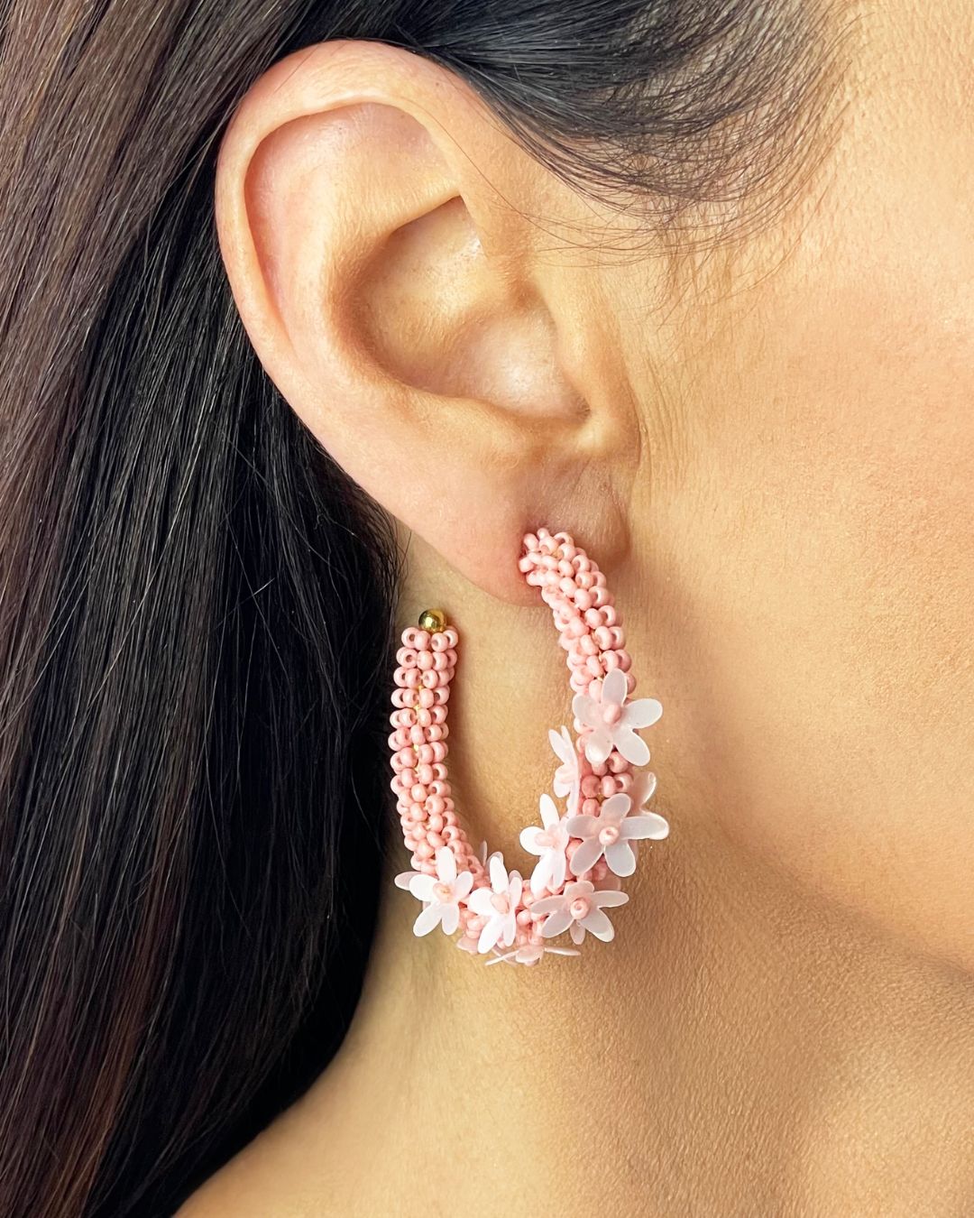 Rice Bead Flower Hoop Earrings