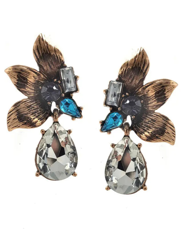 Bronze Leaf Diamante And Rhinestone Floral Design Drop Earrings Nickle Free