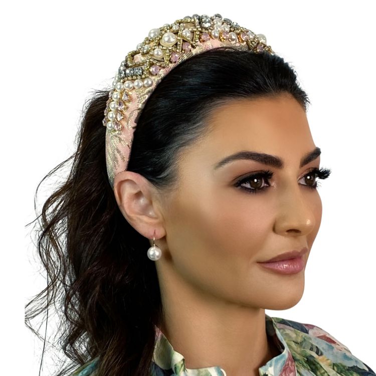 Model wearing Brocade Fabric Padded Headband Featuring Pearl and Diamante Detailing