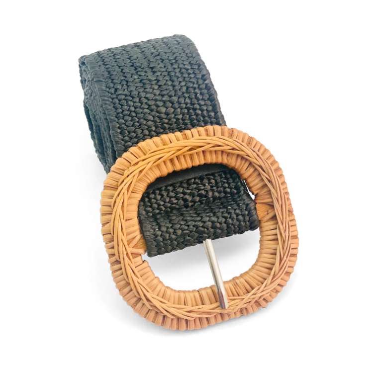 Rattan and wooden buckle Stretch woven Paper Raffia & Resin material Available in three colours OS Stretch for ease of fit in black