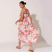 White and Pink Linen Maxi Dress Back View