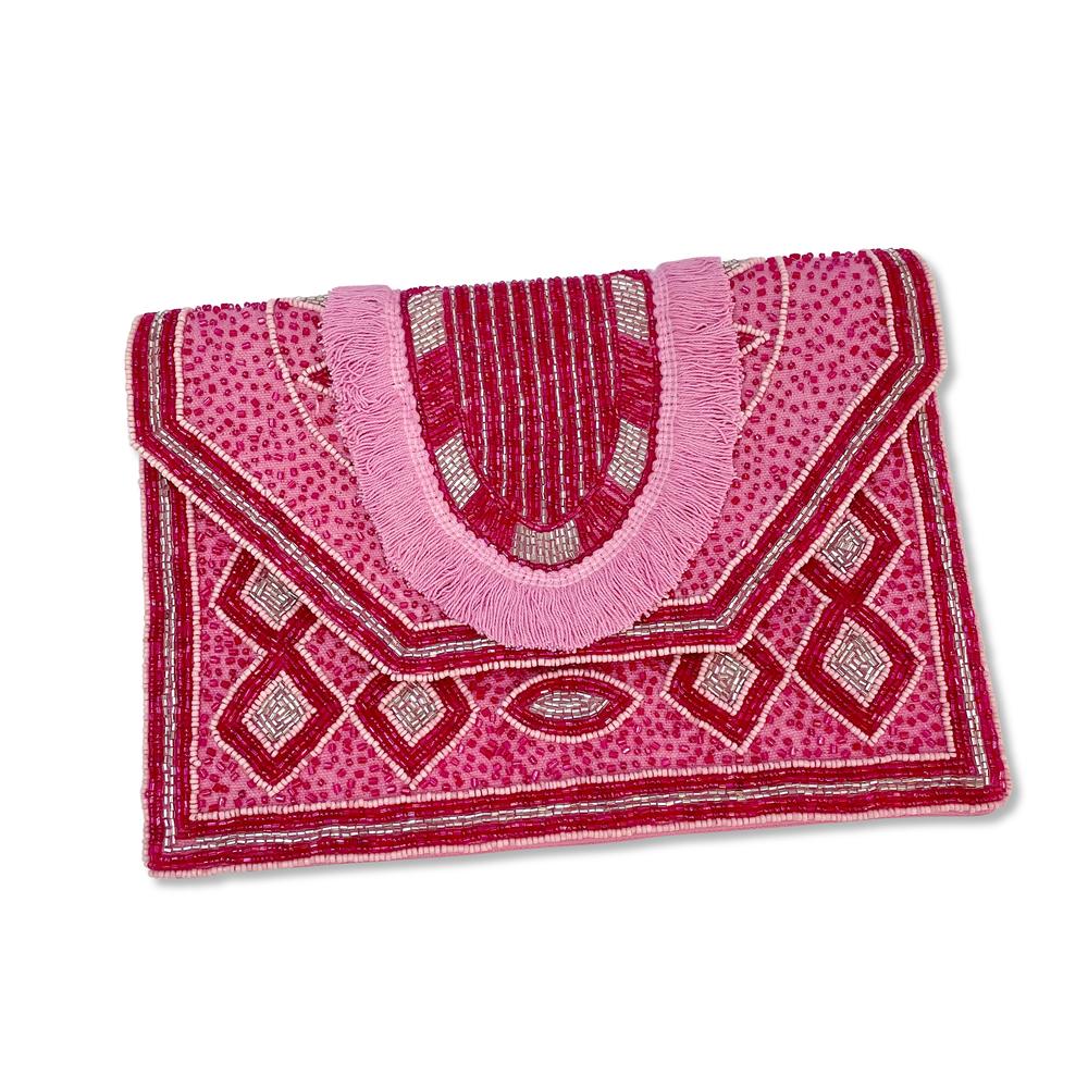 Pink Flap Over Beadead Clutch with Fringe Detailing