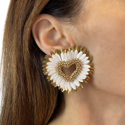 White and Gold Heart Statement Earrings on Model