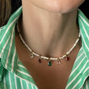 Short Pearl Mixed Bead Necklace Featuring Glass Drop Charms On Model