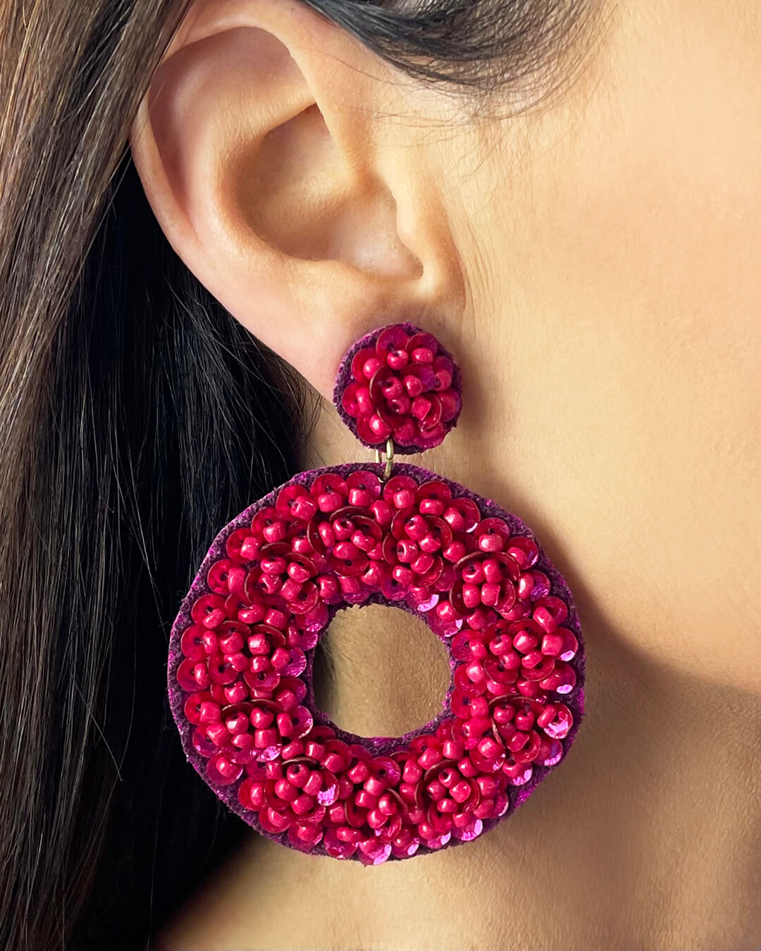 Beaded Round Drop Statement Earrings