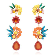 Long colourful Flower Earrings of Rhinestone and Diamante