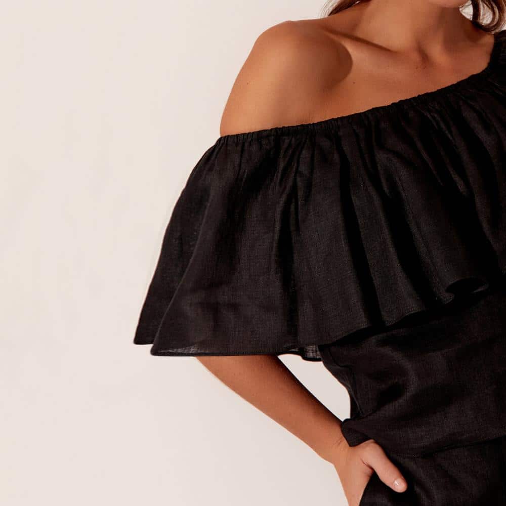 One shoulder ruffle black linen women's top
