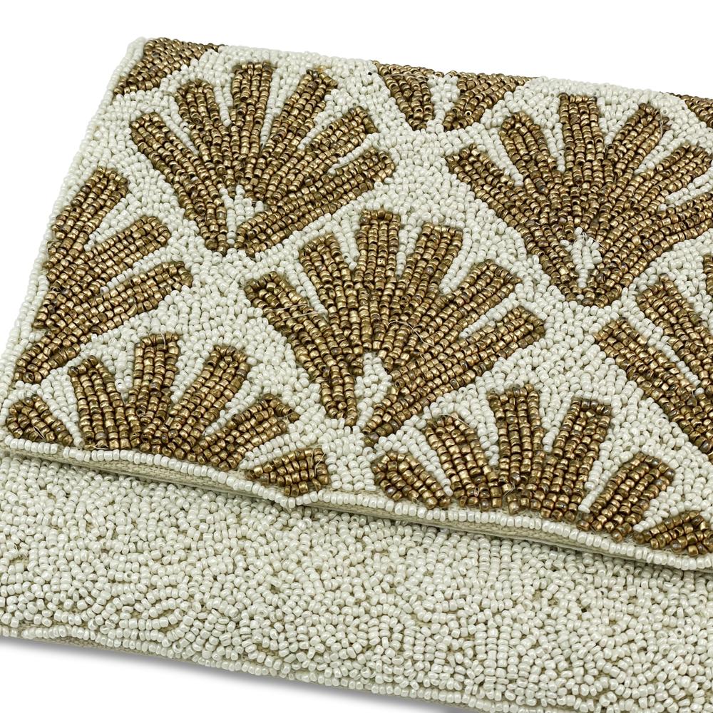 Handbeaded Brushed Gold and Cream Art Deco Patterned Flap Over Clutch