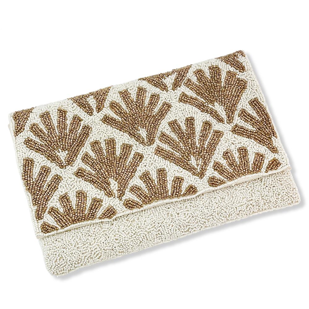 Handbeaded Brushed Gold and Cream Art Deco Patterned Flap Over Clutch