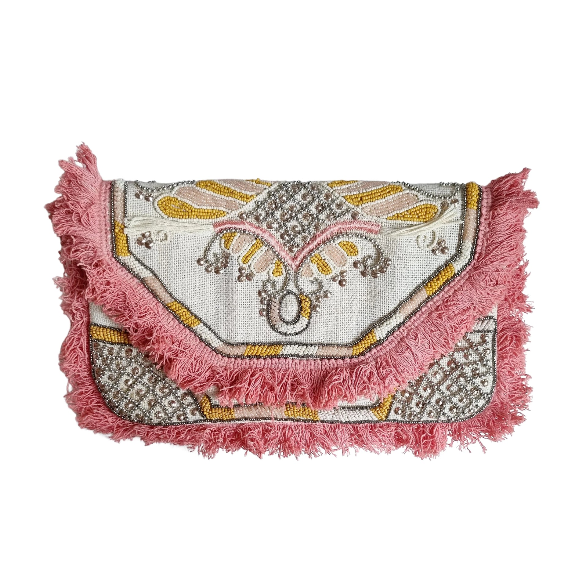 Woven Beaded Flap Over Statement Boho Clutch Featuring Beaded and Fringing Detail