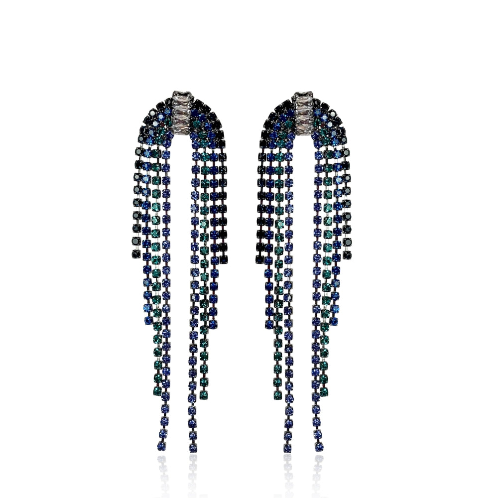 Blue Green Tassel Diamante Earrings