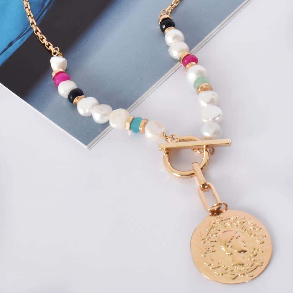 Plated metal Mixed bead and pearl necklace Coin disc front detail