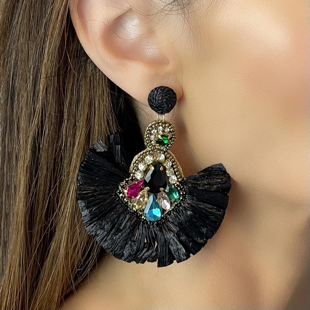 Bold Black Raffia Statement Earrings Featuring Colourful Glass Rhinestones