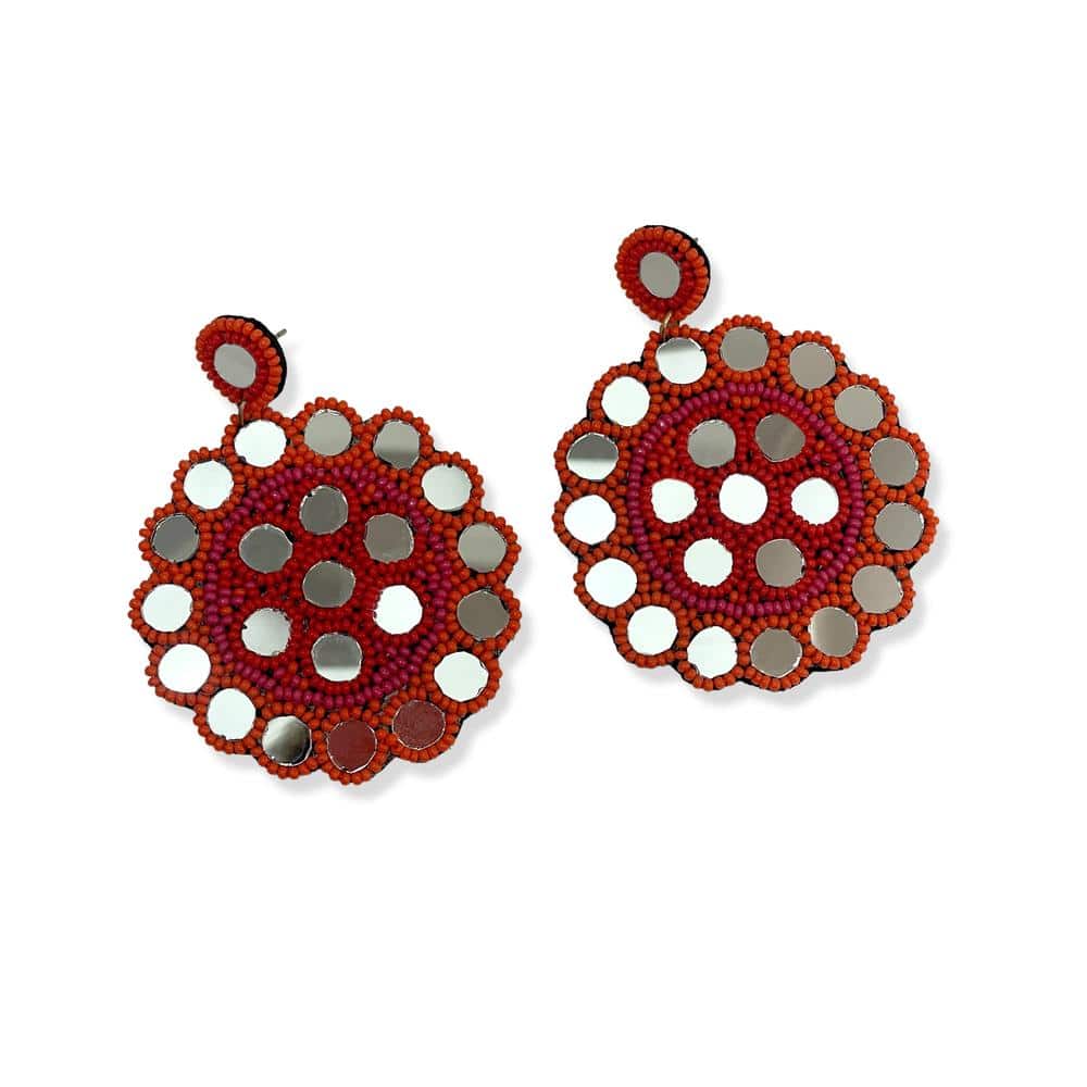 Bead Red and Orange Mirror Statement Earrings