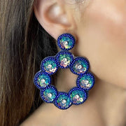 Large Bead and Sequin Blue Statement Earrings