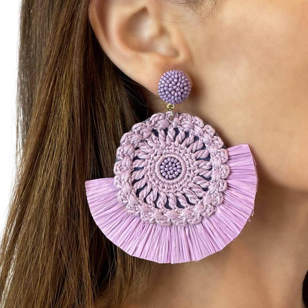 Crochet Lilac Raffia Fringe Statement Earrings
