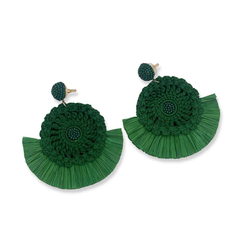 Bright Green Bead Stud Crochet and Raffia Statement Earrings