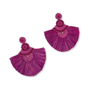 Large mixed bead and raffia magenta statement earrings 