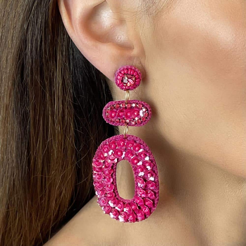 Rhinestone and Flower Sequin Drop Statement Earrings in Hot PInk