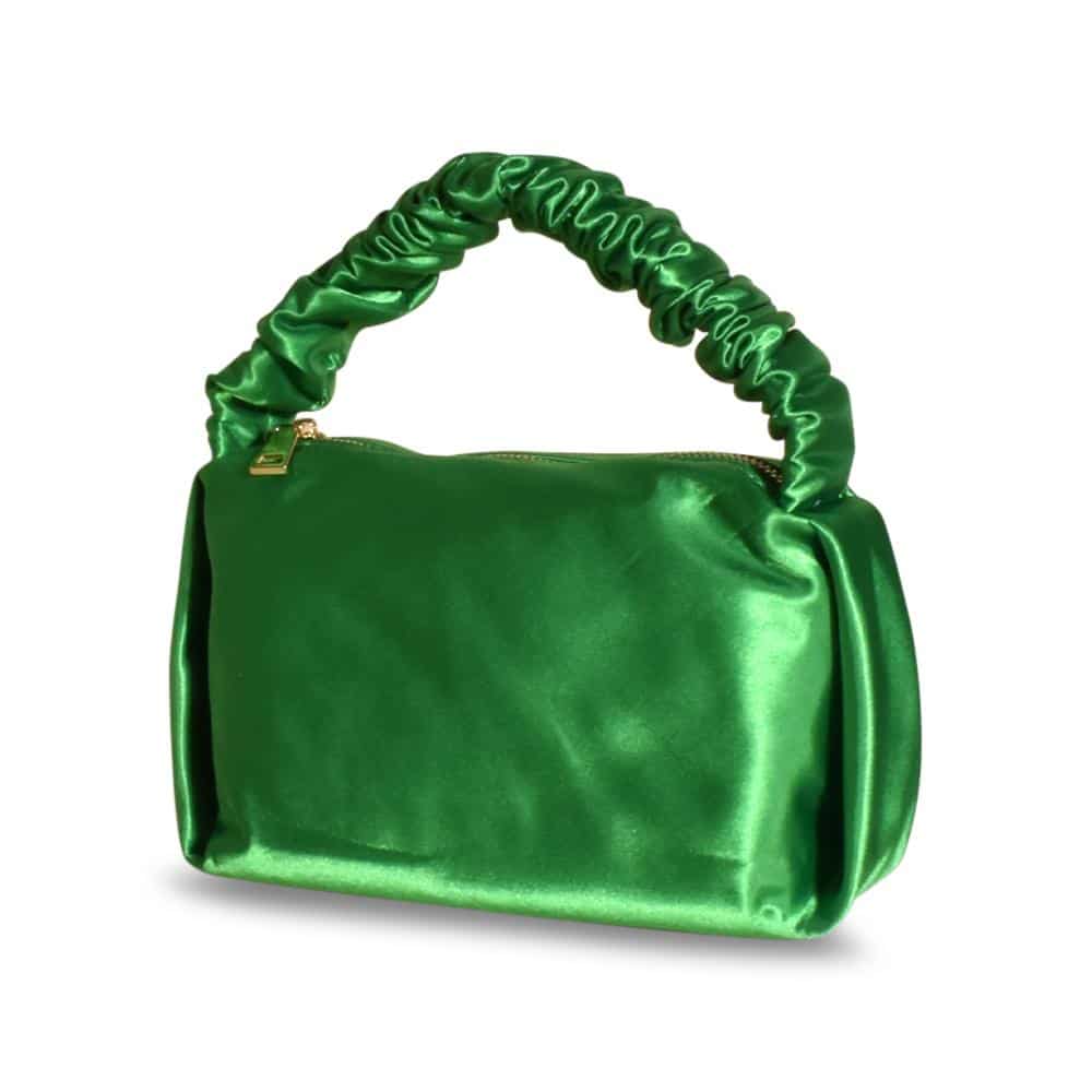 Green Satin Event Bag Featuring a Rouched Handle