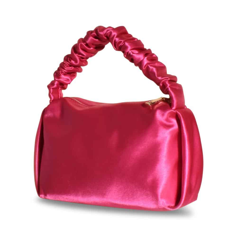 Pink Satin Event Bag Featuring a Rouched Handle