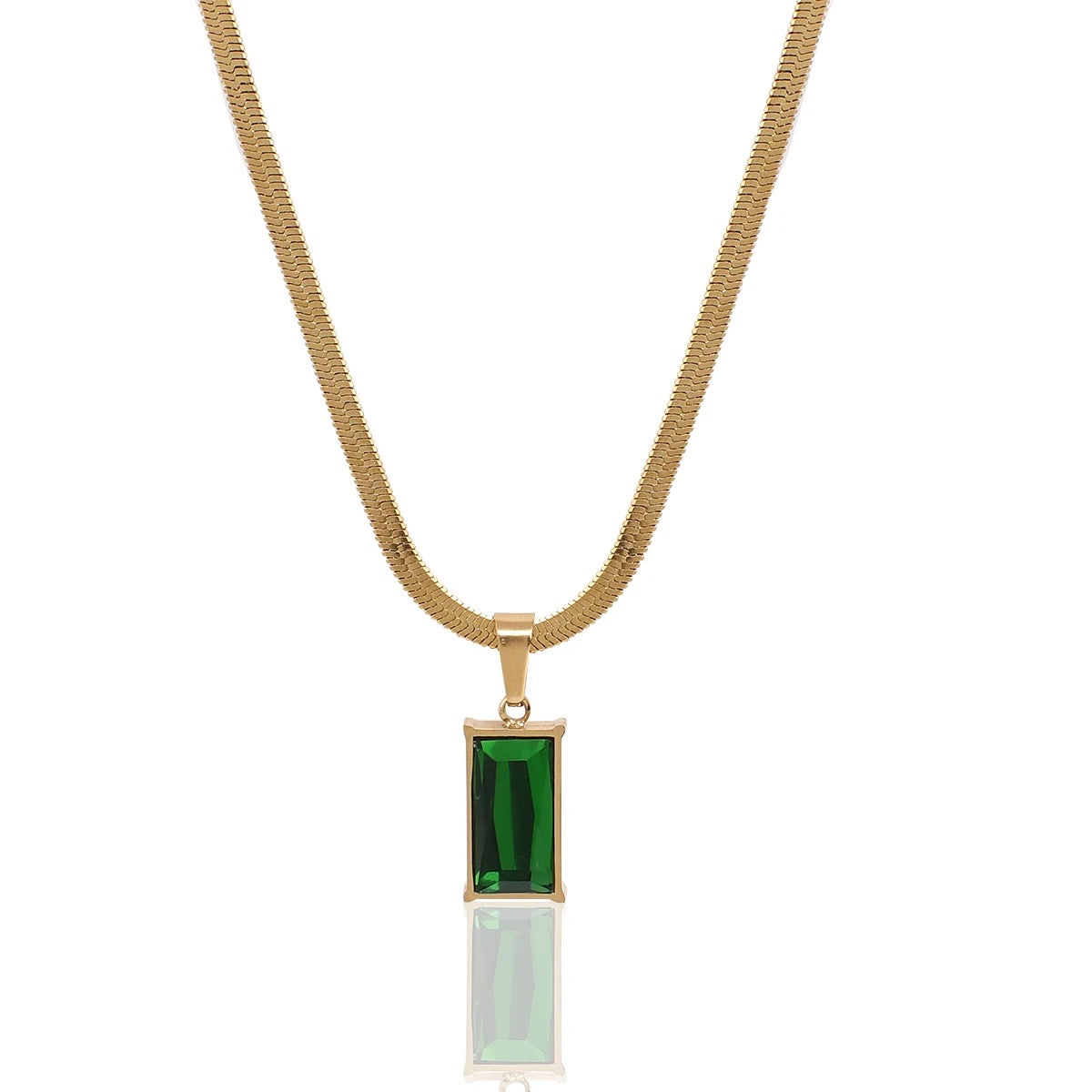 18K gold plated Snake chain Emerald colour zirconia inlaid pendant Length 40 cm plus extension