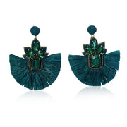 Emerald glass rhinestone stud earrings Glass rhinestone drop  Leaf design  Large raffia statement earrings