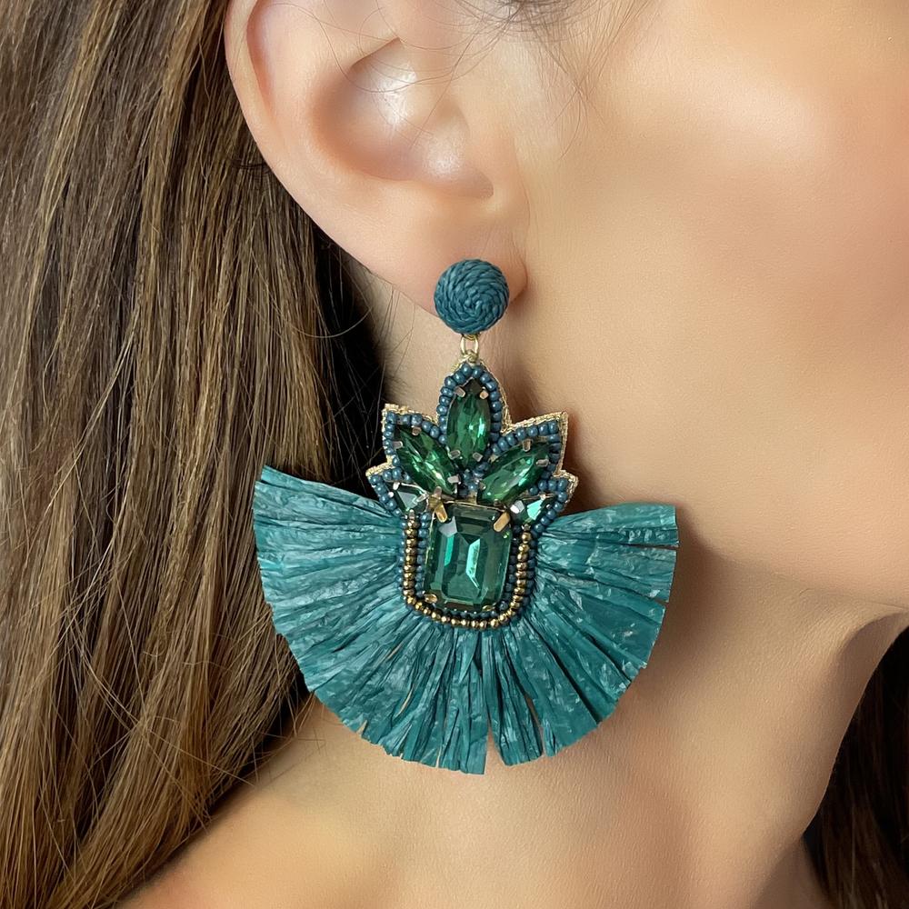 Emerald glass rhinestone stud earrings Glass rhinestone drop  Leaf design  Large raffia statement earrings