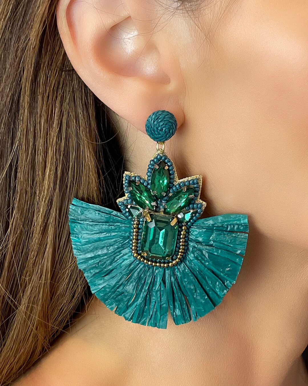 Emerald Raffia Statement Earrings