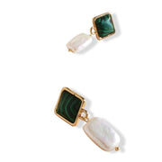 Green stone Pearl Mix Earrings Gold plated Stud back closure Square stone top  Pearl drop 