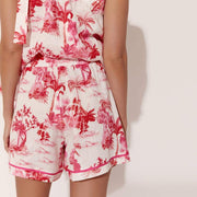      Easy, relaxed fit     Elasticised waist     Drawstring tie     Mid length     Toile print     Pockets on both sides     100% Linen