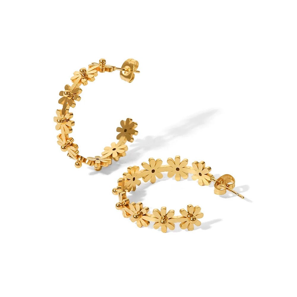 18K Gold Flower Hoop Earrings