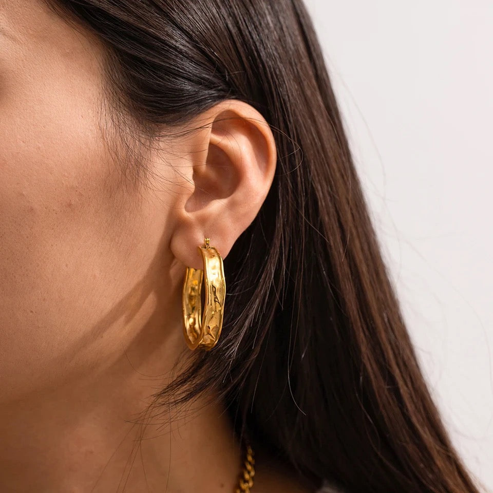 18K gold plated Hammered hoop earrings Nickel Free On Model