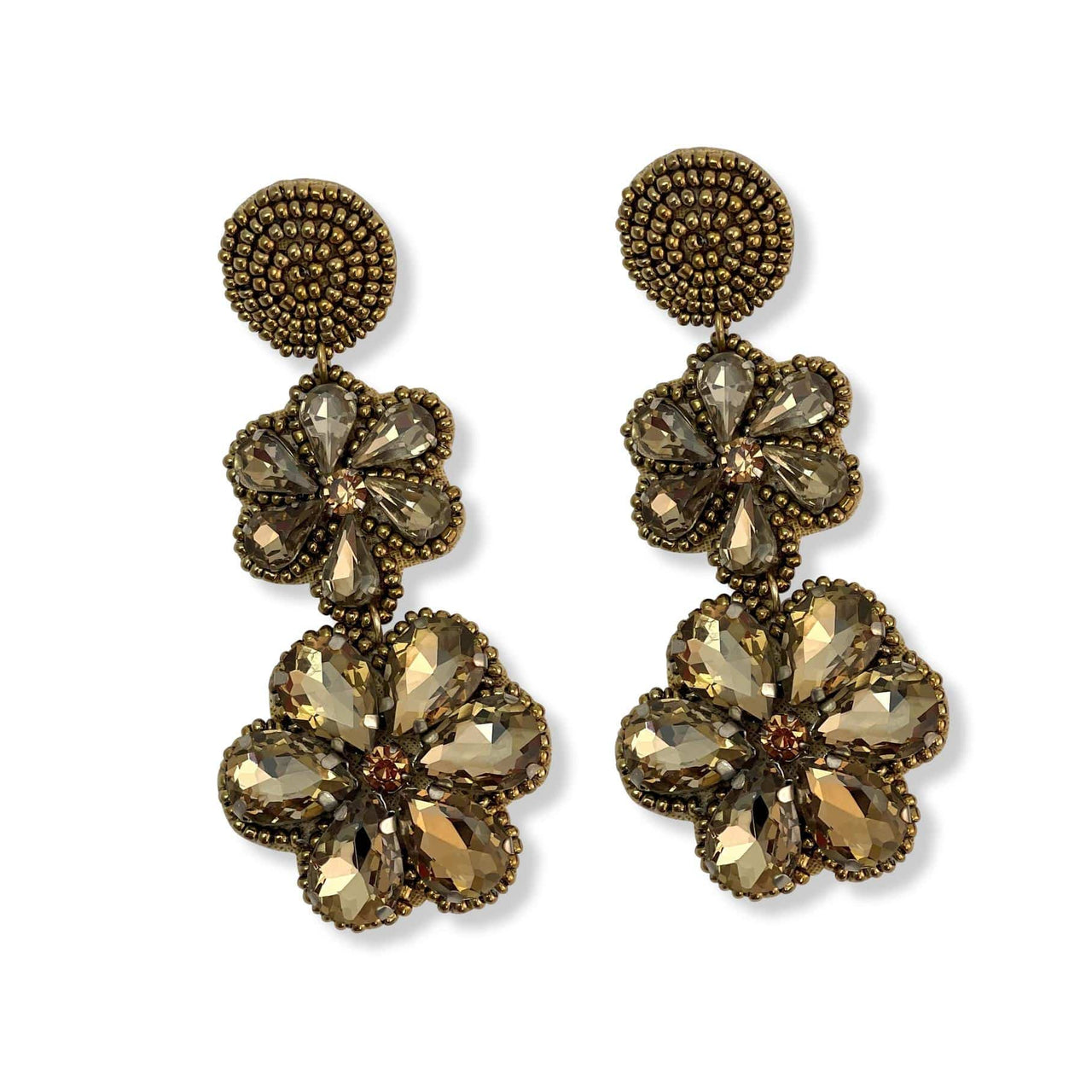 Bronze Bead and Rhinestone Tiered Flower Drop Statement Earrings