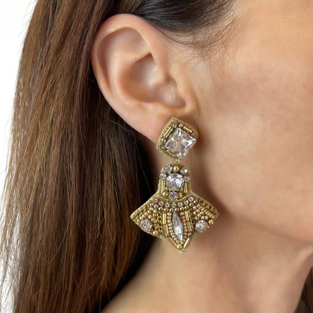 Rhinestone and Brushed Gold Bead Statement Earrings 