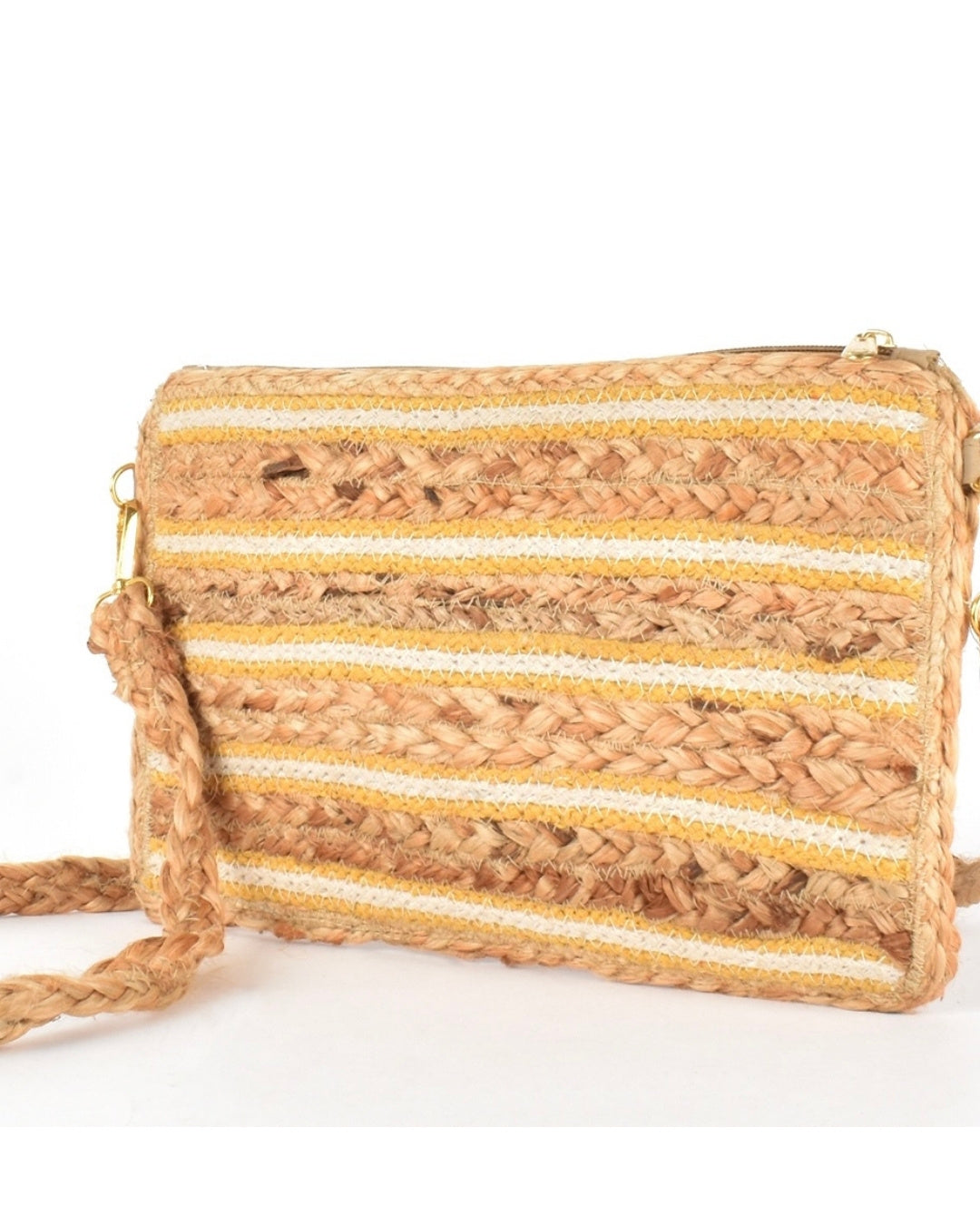 Jute Woven Contrast Stripe Zip Clutch