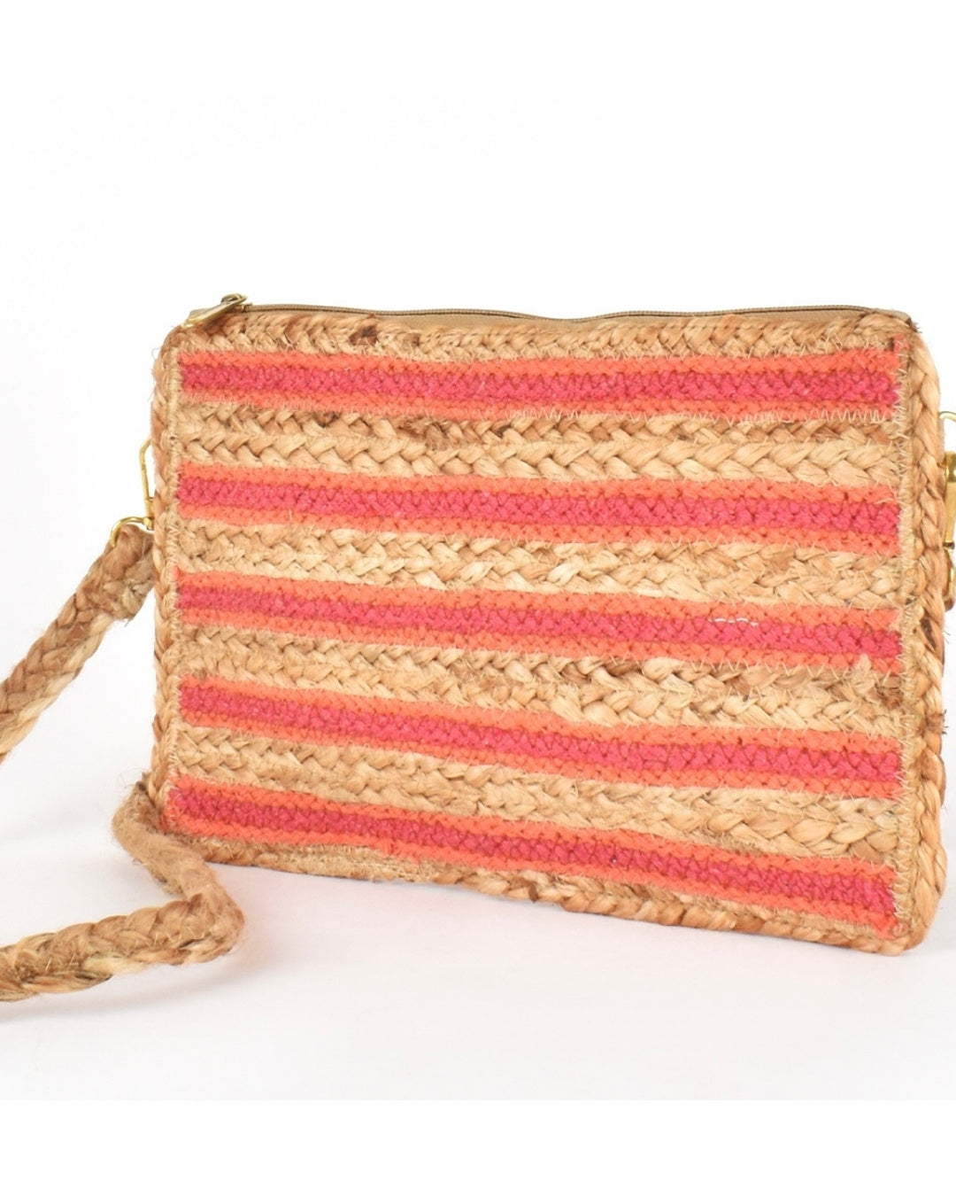 Jute Woven Contrast Stripe Zip Clutch