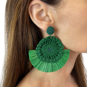 Bright Green Bead Stud Crochet and Raffia Statement Earrings