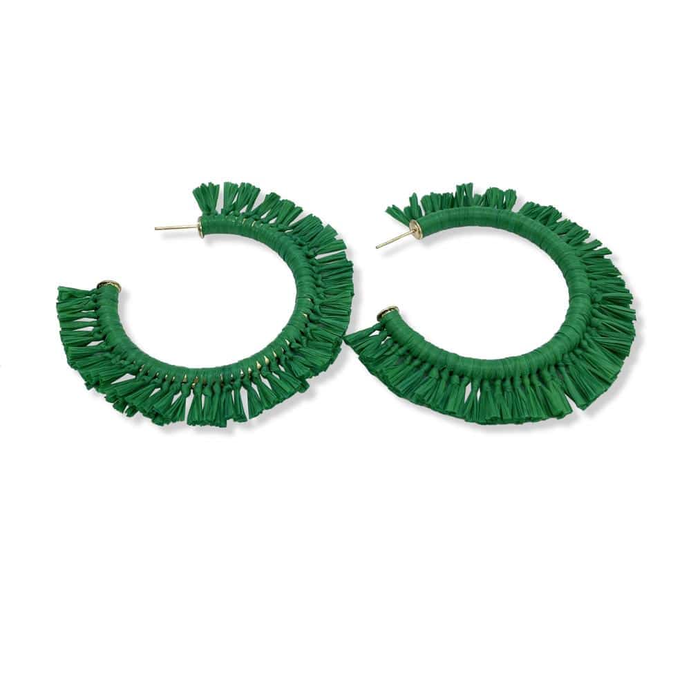  Large hoop stud earrings Green raffia detailing Statement earrings 8 cm round