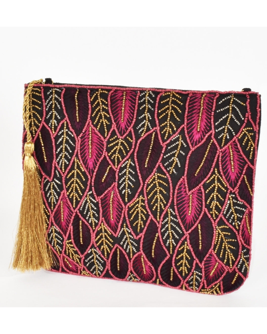 Leaf Front Metallic Tassel Clutch