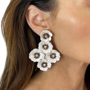 White Sequin Flower Statement Earrings on Model