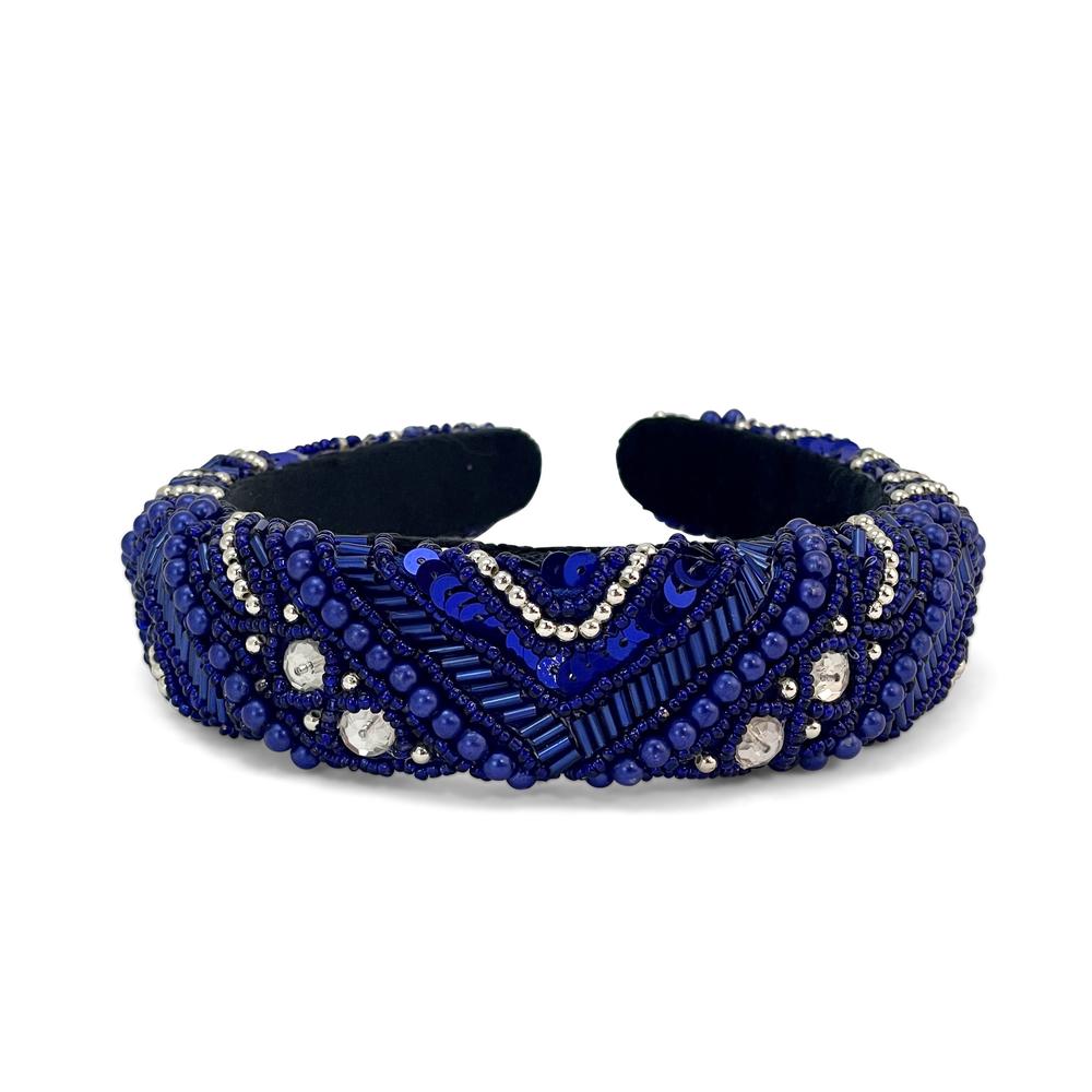 Fabric Padded Headband Embellished in Mixed Seqin and Beads Blue