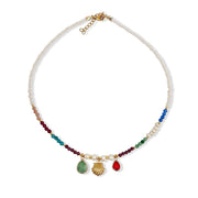 Short mixed bead necklace Gold shell pendant detailing Mixed glass drop charms
