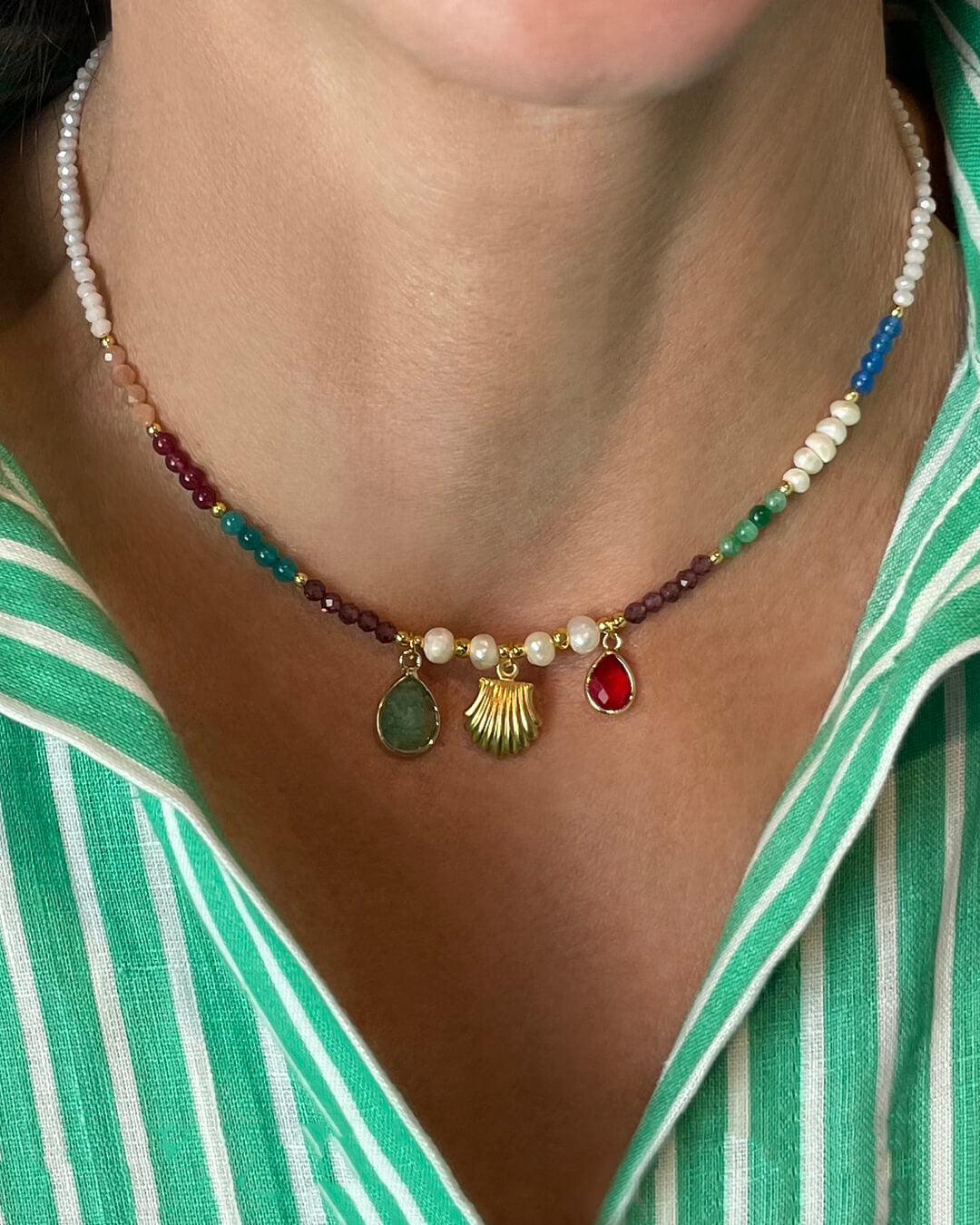 Mixed Bead Shell Pendant Necklace