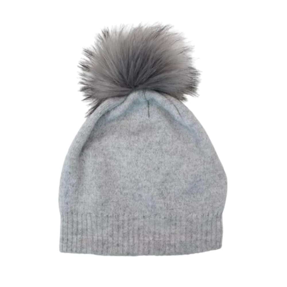 Morgan and Taylor Australian Design Slouchy Winter Beanie Made with Acrylic Outer and Inner Luxe Faux Fur (Polyester) Pompom Double Layered, Tapered Design Fold In Inner Grey