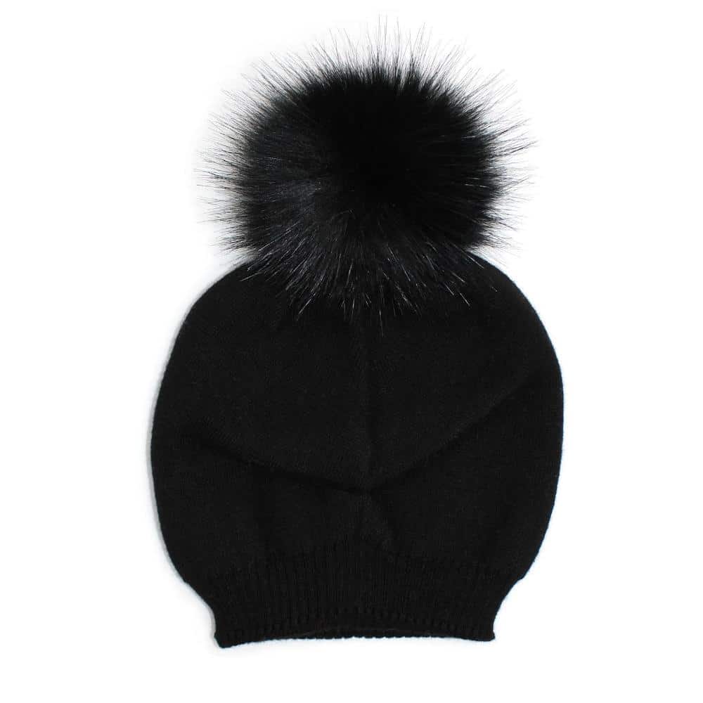 Morgan and Taylor Australian Design Slouchy Winter Beanie Made with Acrylic Outer and Inner Luxe Faux Fur (Polyester) Pompom Double Layered, Tapered Design Fold In Inner Black
